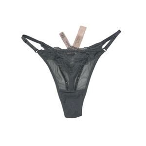 Victoria's Secret Gray Lace and Mesh Rhinestone Thong Size L